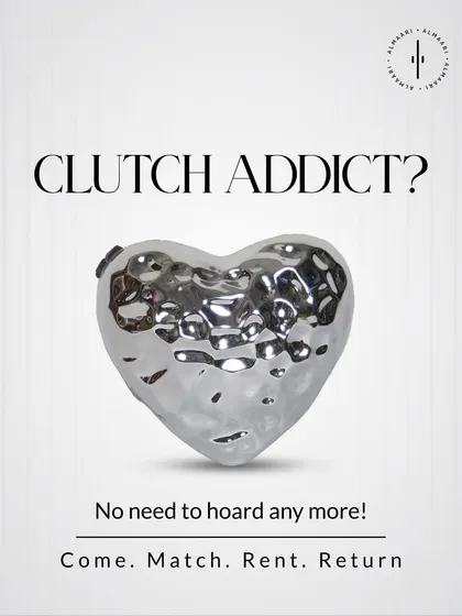 Are you a clutch addict? No need to hoard them anymore. This graphic features a unique silver heart-shaped clutch, representing our philosophy of renting for every mood and occasion.