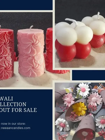 Our Diwali collection is out for sale, featuring beautiful floral pillar candles, bubble candles, and daisy tealights.