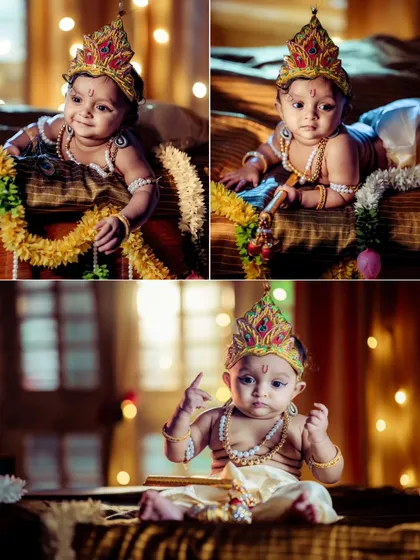 A single themed photoshoot can result in a wide variety of beautiful portraits. This collage from our Krishna series shows the different poses and expressions we capture, from playful and alert to serene and thoughtful, giving you a complete story in pictures.