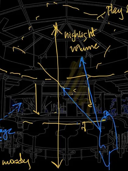 My design process begins with mapping out the light. This concept sketch for the Bangalore Golf Club bar shows how I plan to highlight the room's volume, use indirect light for ambiance, and create a 'play of brilliance' that encourages views and establishes a moody feel.