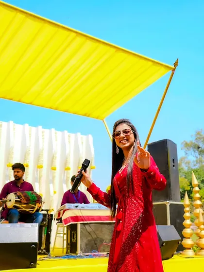 Performing outdoors with my full band at a Maayra event in Agra. We provide a rich, complete sound for any setting, ensuring the music is as grand as your celebration.