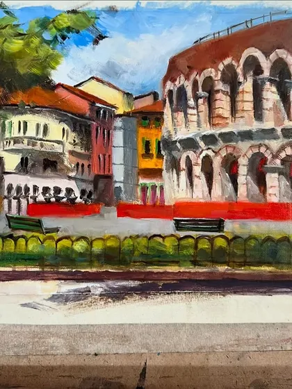 The painting is getting closer to completion. I'm refining the details in the architecture and adding figures to bring the scene to life.