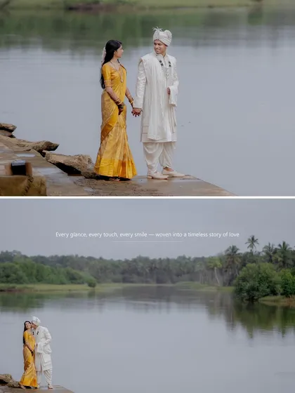 A diptych from a riverside shoot, combining a portrait with a scenic shot featuring a poetic text overlay.