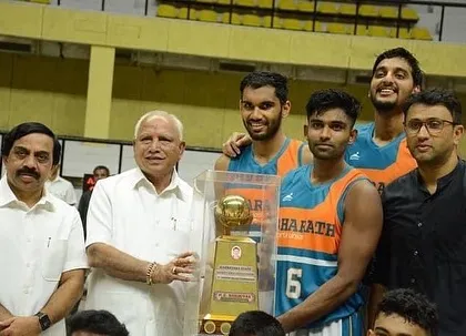 A proud moment with my team, Bharath Sports Union, after winning the KSBBA State 'B' Division League Championship. Being presented with the M C Srinivasa memorial trophy by former Chief Minister of Karnataka, B.S. Yediyurappa.