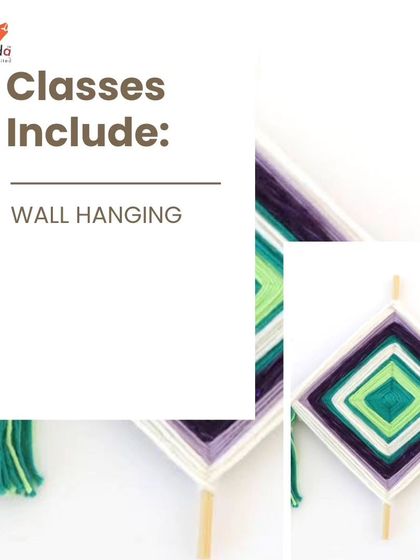 This image showcases a vibrant yarn wall hanging, one of the many creative projects kids can make in our weekly art workshops.