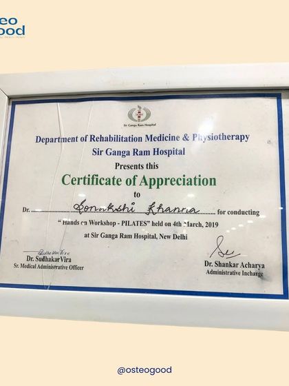 A certificate of appreciation from Sir Ganga Ram Hospital for conducting a hands-on workshop on Pilates. I am passionate about sharing my knowledge and educating others on the benefits of rehabilitative exercise.
