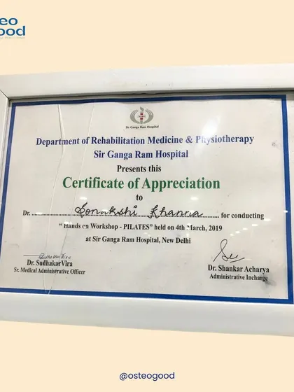 I was honored to receive this Certificate of Appreciation for conducting a hands-on Pilates workshop at Sir Ganga Ram Hospital. I am passionate about sharing my knowledge to help both patients and fellow professionals.