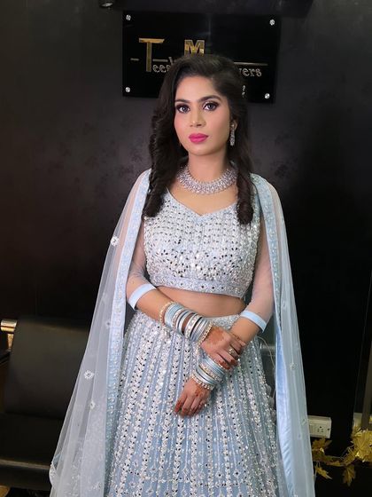 The complete look of my engagement bride in her studio. The light blue lehenga is a beautiful and modern choice.