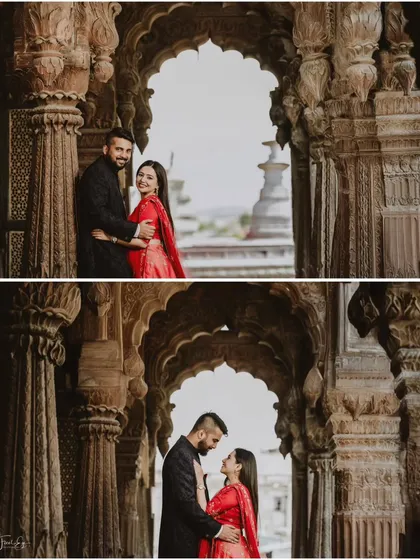 A pre-wedding portrait session in Indore, using the stunning architecture of the palace to frame the couple's connection. We excel at incorporating the beauty of the destination into your photos.