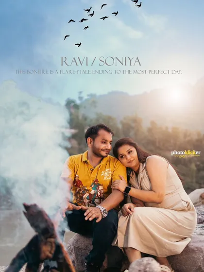A cozy, concept-based pre-wedding shoot featuring a bonfire theme. We work with you to bring creative ideas like this to life, telling your unique love story against stunning natural backdrops.
