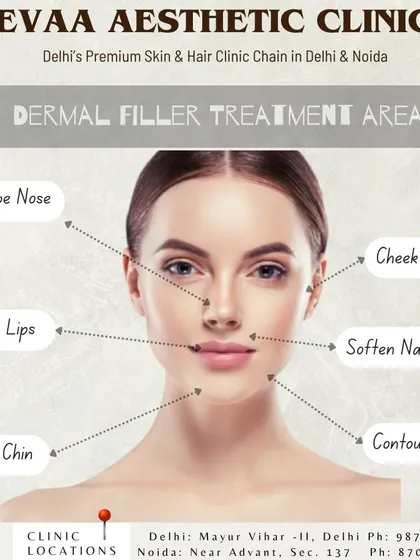 This diagram shows the primary areas we treat with dermal fillers. From shaping the nose and plumping lips to contouring the jaw and adding cheek volume, we offer customized solutions for full-face enhancement.
