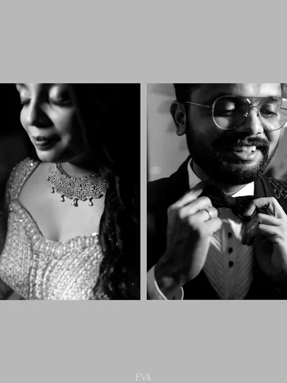 A stylish black and white diptych of the bride and groom getting ready, capturing the final touches before their reception.