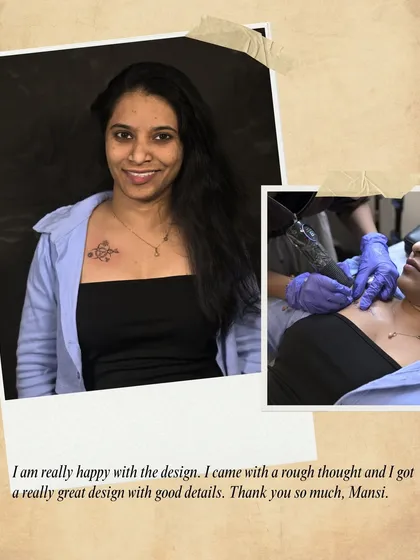 "I am really happy with the design. I came with a rough thought and I got a really great design with good details." A happy client with her new, meaningful chest piece.