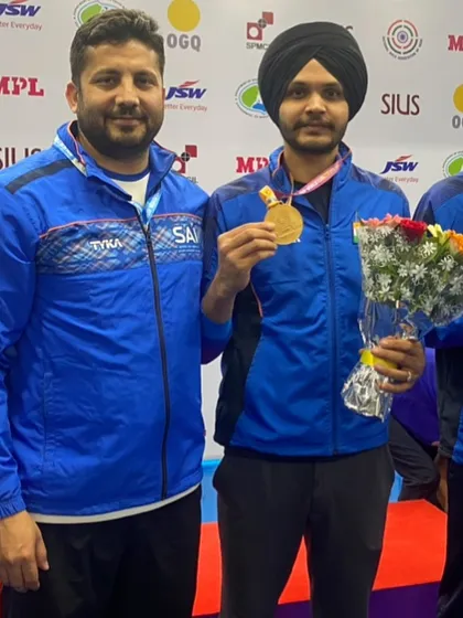 Pictured with Sarabjot Singh and his well deserved medal. These moments of celebration are the reward for countless hours of hard work and dedication on the shooting range.
