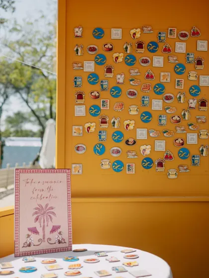 A wedding favor station where guests could pick their own custom-designed magnets. This is a fun, interactive way to give guests a memento of your celebration.