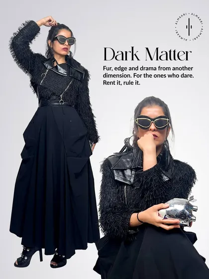 This is a look from my personal style diaries, which I call 'Dark Matter'. It combines a black utility skirt with a faux fur and leather jacket for a look that's all about edge and drama. We have pieces for those who dare to be different.
