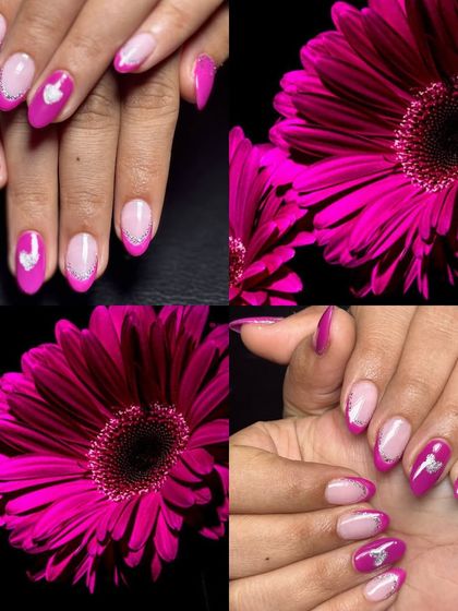 A bright and cheerful design with a pop of magenta, silver glitter, and a cute heart accent.