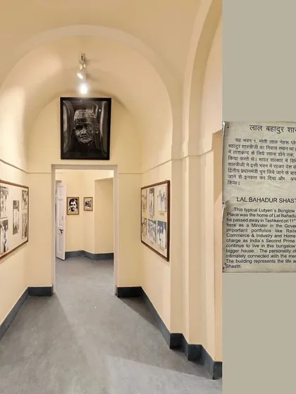 A hallway within the Lal Bahadur Shastri Memorial, lined with photographs from his life and career. The curation of these images guides the visitor through a chronological narrative of his journey as a national leader.
