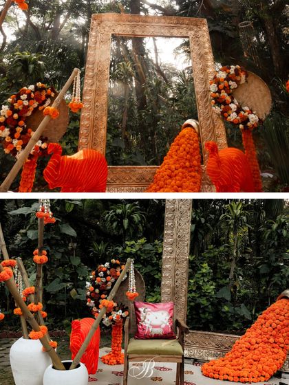 For this vibrant backdrop, we created a giant golden photo frame with a waterfall of marigolds. The setup also featured charming elephants crafted from scrap fabric, showcasing our creative approach to upcycling.