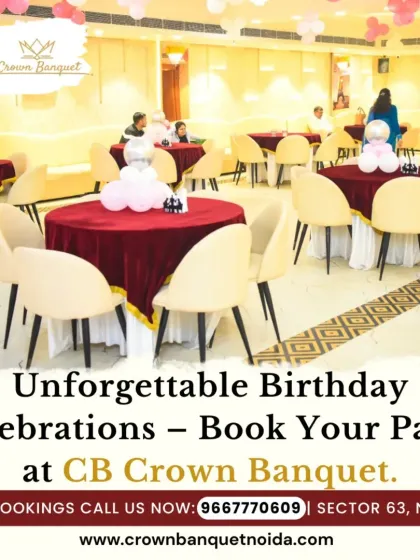 An unforgettable birthday celebration setup. This image shows our hall ready for a party, with round tables and balloon decor, creating a festive and welcoming environment.