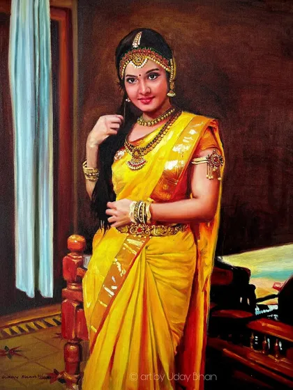 A final, clear image of the commissioned oil portrait of Maya Twinxx. The rich colors of the oil paint bring out the golden yellow of her sari and the warmth of the interior setting.