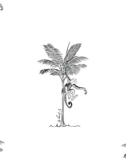 A repeating pattern tile from the Madagascar collection, featuring a playful lemur climbing a palm tree. This shows how a single motif can create a dynamic surface design.