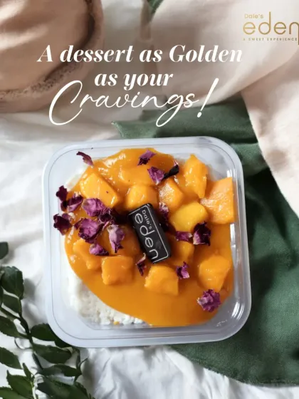 A dessert as golden as your cravings. Our mango and rose petal dessert tub is a treat for the eyes and the palate.