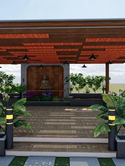 I can help you visualize your dream terrace before we even lay the first stone. This design shows a complete rooftop oasis with a wooden pergola, elegant lighting, comfortable seating, and lush greenery, creating a perfect space for relaxation and entertainment.