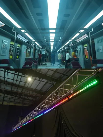 Another view of the Motorola ad set. The lighting rig was programmed to simulate the changing lights of a moving train, with dynamic color shifts and effects.