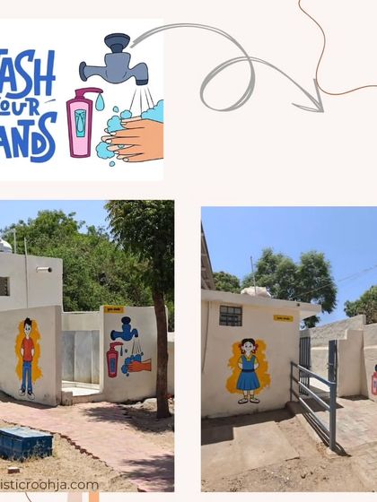 Murals promoting hygiene, like "Wash Your Hands," strategically placed near the school's washing area.