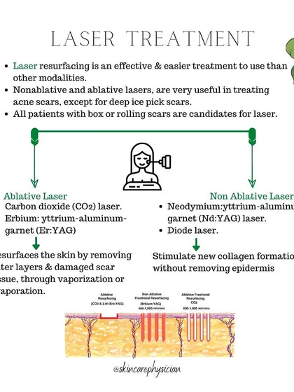 Laser resurfacing is a powerful tool for treating acne scars. I offer both ablative lasers, which treat the surface, and non-ablative lasers, which stimulate collagen from within, to best suit your skin type and recovery needs.