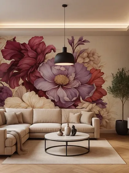 This custom wallpaper features a beautiful arrangement of purple and burgundy flowers. The deep, rich colors add a sense of luxury and drama to the room.