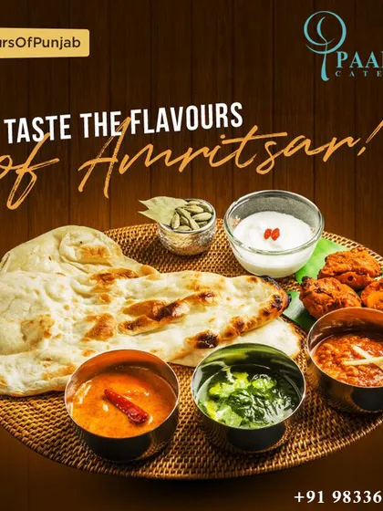 We also create regional specialty menus, like this authentic Amritsari thali. It features iconic Punjabi dishes such as dal makhani, palak paneer, and crispy pakoras, served with soft naan bread, capturing the true flavors of Punjab.