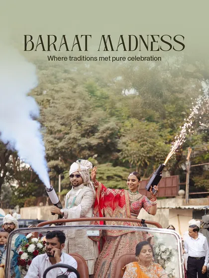 A baraat should be an explosion of joy. I love orchestrating high-energy processions, like this one where the couple made a grand entrance in a vintage car, complete with celebratory smoke guns that set the tone for an unforgettable party.