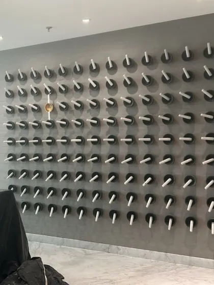 This unique wall installation at Hamdard Laboratories adds a tactile and artistic element to the workspace. The repetitive forms create a visually interesting texture that enhances the overall design narrative of craftsmanship and detail.