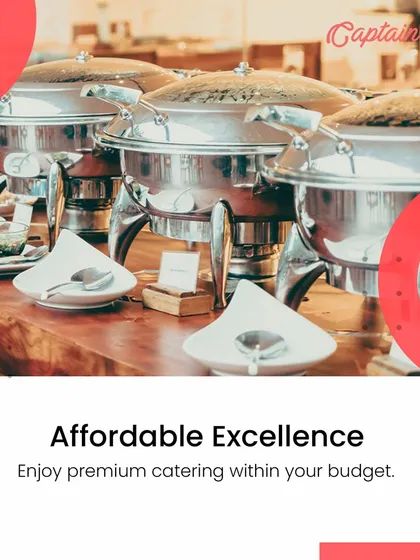 We provide affordable excellence. This close-up of our chafing dishes on a wooden table demonstrates that you can enjoy premium, high-quality catering that fits within your corporate budget.
