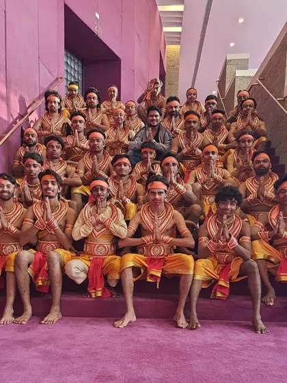 Our choreographer with the talented artists who performed as the 'vanar sena' in "Humare Ram." Training a large cast for a mythological act requires precision, energy, and teamwork.