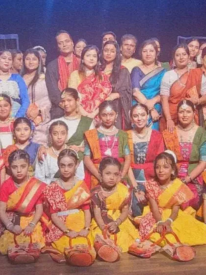 A proud moment with our talented students and dedicated gurus after a successful Rabindra Jayanti stage performance. This photo captures the scale of our community and the collective joy of celebrating art.