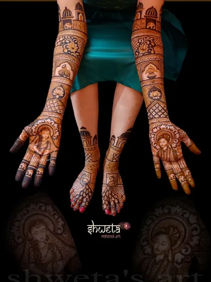 A showcase of a complete royal bridal mehendi package. This includes full-coverage designs for both hands and feet, featuring portraits and traditional palace motifs.