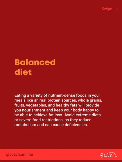 A carousel of tips for sustainable fat loss. It's not about crash diets. It's about a balanced diet, weight training, managing stress, and walking 10-12k steps daily.