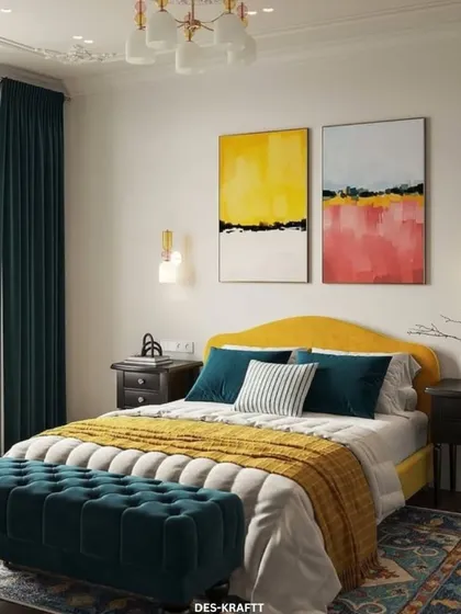 We love working with color to reflect our clients' personalities. This vibrant bedroom combines a cheerful mustard yellow bedframe with deep teal accents and abstract art, resulting in a space that is energetic, stylish, and full of life.