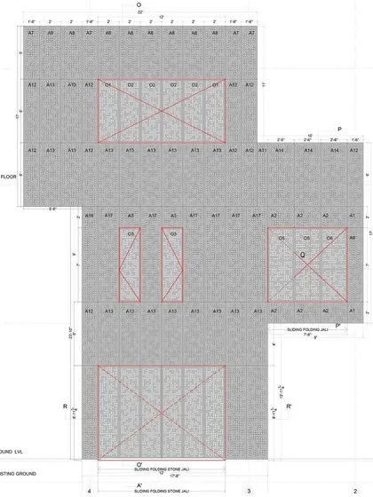A technical drawing for the House of Solid Stone, detailing the layout of the stone walls and the placement of the operable screens, a blueprint for passive cooling.