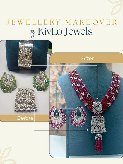 A stunning makeover for a client's diamond jewelry. This before-and-after shows how we took old silver-tone diamond pieces and redesigned them into a magnificent necklace and earring set with rich ruby beads.