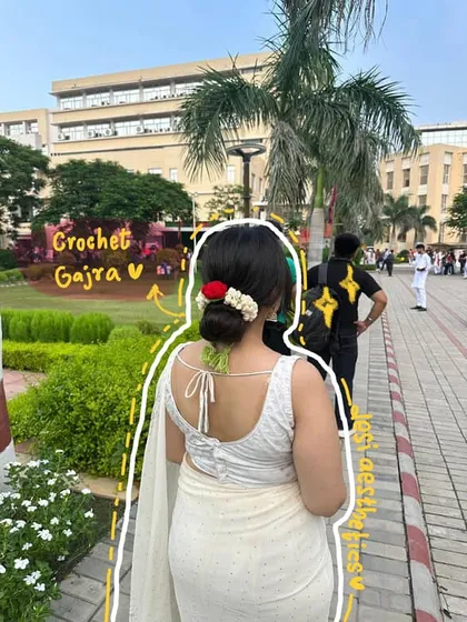 Seeing my creations out in the world is the best feeling. A lovely client shared this photo of her wearing one of my reusable crochet gajras, adding a beautiful, sustainable touch to her desi look.