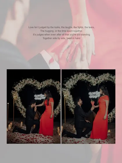 The moment of the proposal, captured in a beautiful collage. The image of him placing the ring on her finger is a memory to be cherished forever.