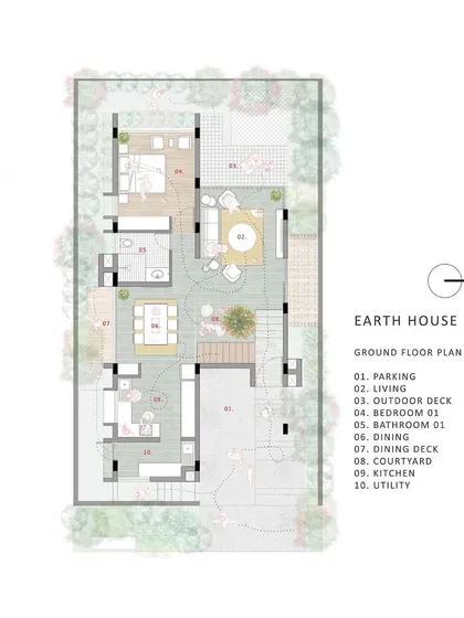 The ground floor plan for the Terravana Earth Villa. This render clearly lays out the parking, living and dining areas, kitchen, and a ground-floor bedroom, all designed around a central courtyard to maximize light and natural ventilation.