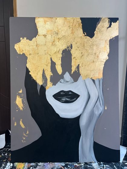 A bold and glamorous portrait where the hair is rendered in shimmering gold leaf. This piece combines figurative painting with abstract texture for a truly unique result.