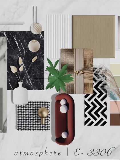 This mood board for our 'Atmosphere' project captures the modern classic aesthetic. We use these visual guides to align on textures, colors, and materials, ensuring the final result perfectly matches the client's vision.