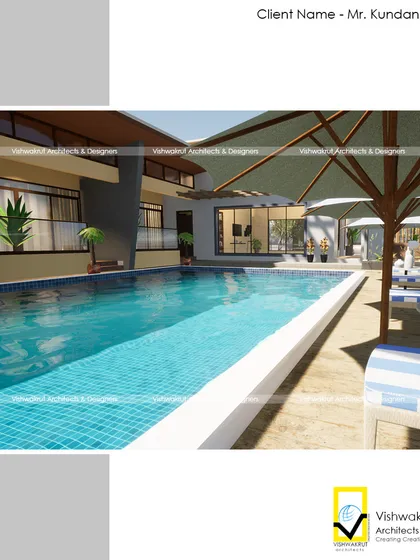 This 3D visualization focuses on the main swimming pool area. It shows how I planned for ample deck space with lounge chairs and umbrellas, creating a true resort-style relaxation zone.