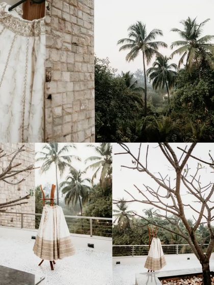 A collage of detail shots, including the bride's wedding lehenga hanging against a rustic wall and the beautiful scenery of the venue.